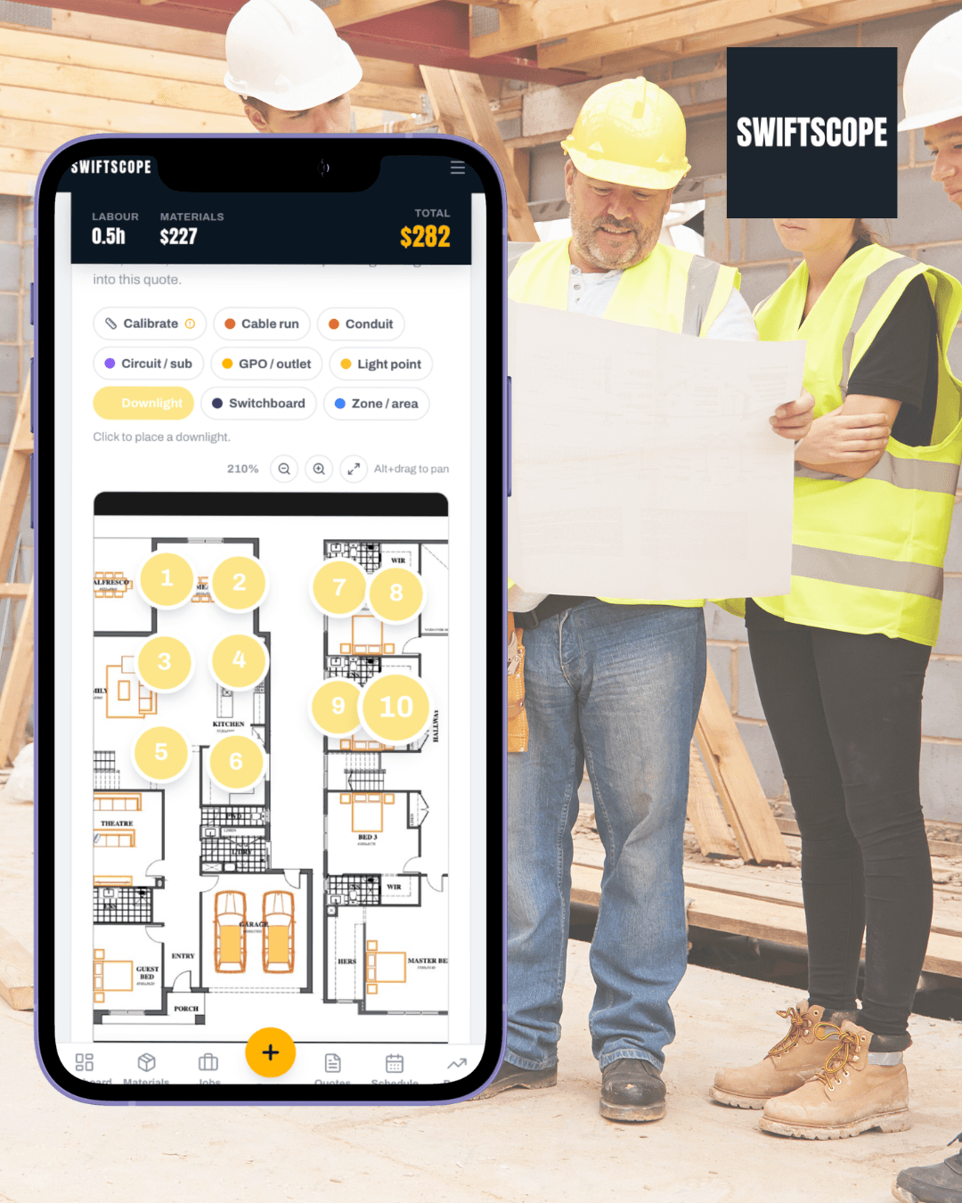 Swiftscope drawing markup screen showing numbered downlight points placed on a floor plan