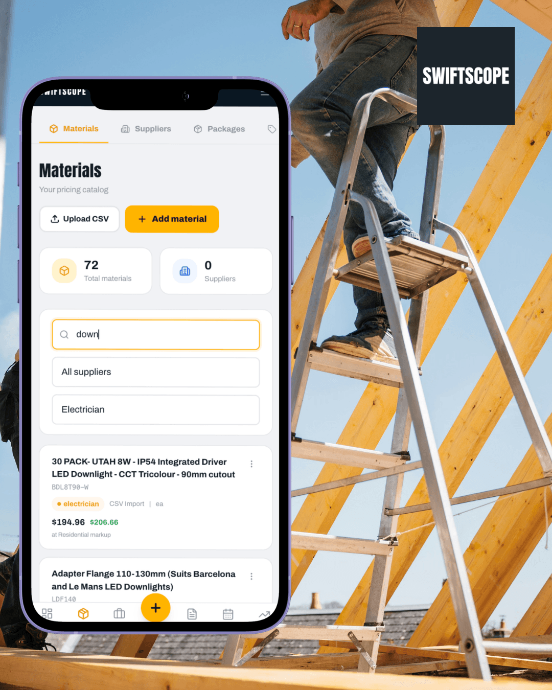 Swiftscope Materials screen showing the pricing catalog with search and supplier filters