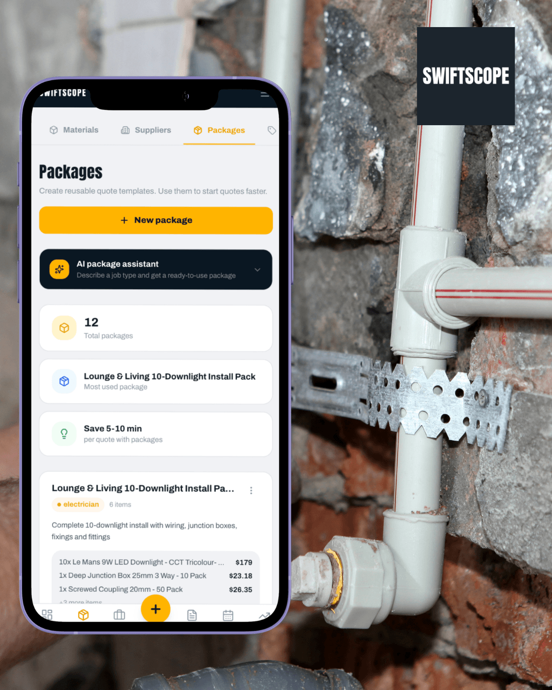 Swiftscope Packages screen showing reusable priced quote templates