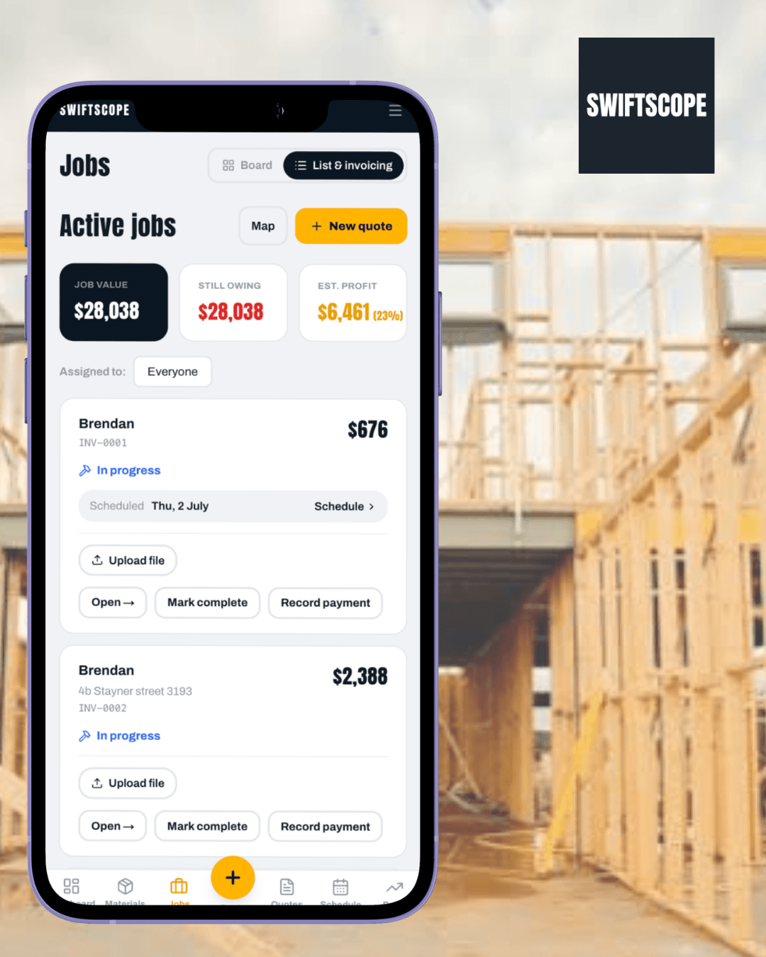 SwiftScope Jobs screen showing job value, amount still owing, estimated profit, and active jobs in progress