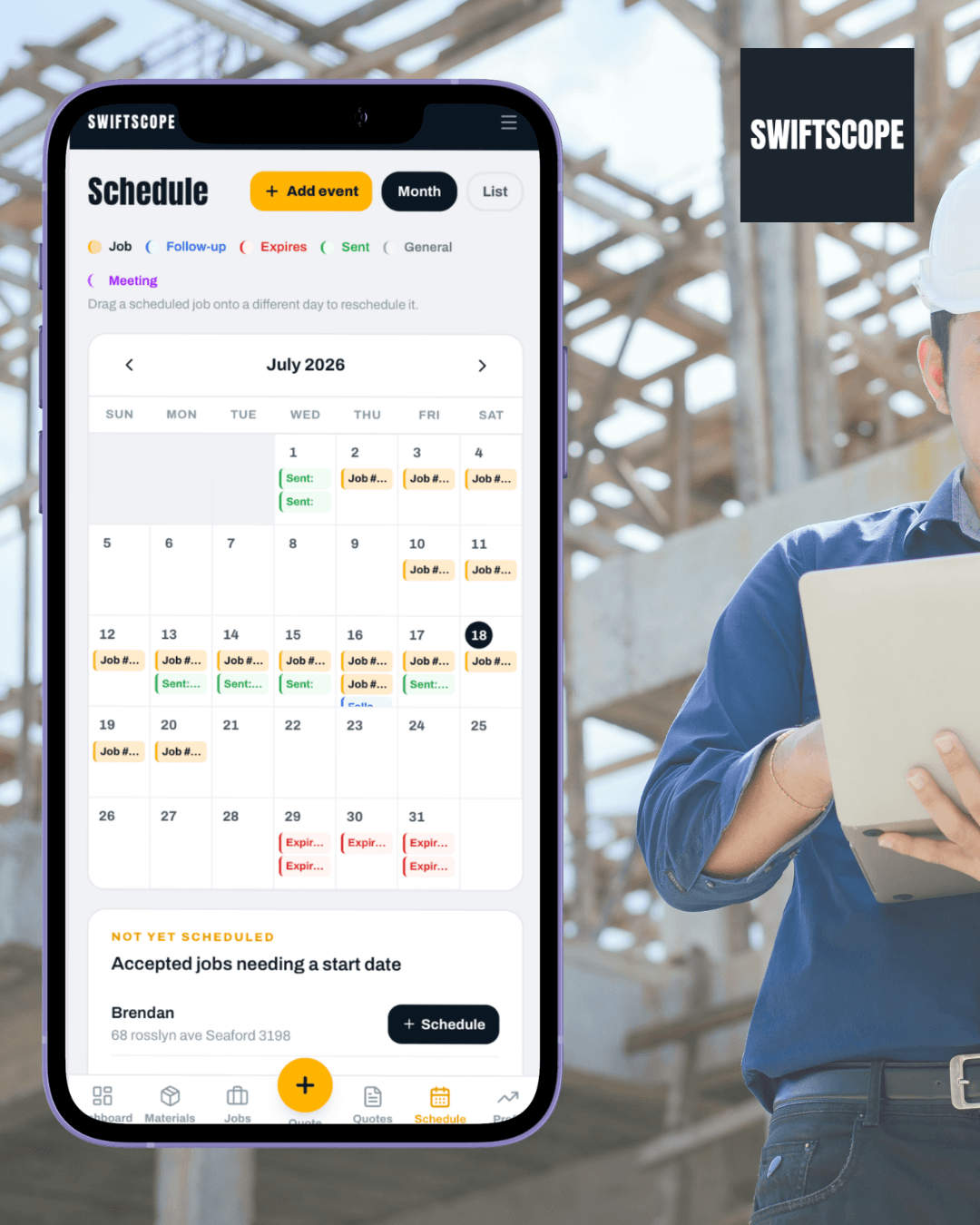 Swiftscope Schedule screen showing a month calendar of jobs and follow-ups