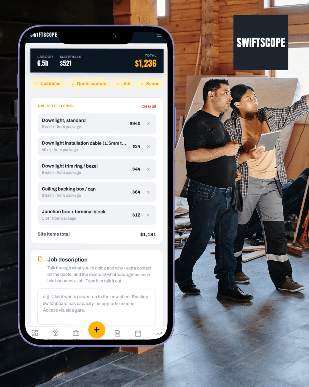 Swiftscope quote builder screen showing labour, materials and on-site items, with two tradies reviewing it on site