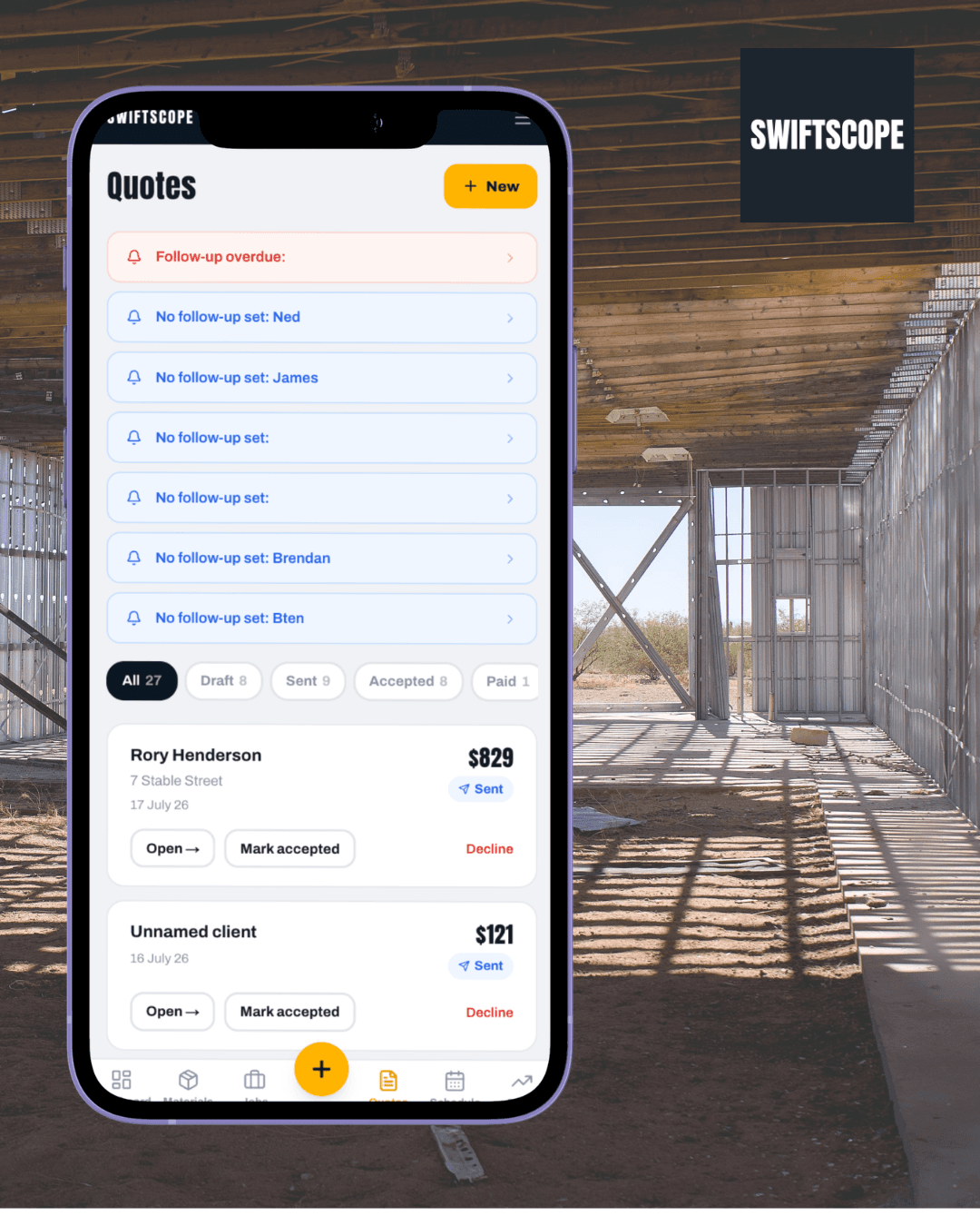 SwiftScope Quotes screen showing follow-up reminders and quote statuses