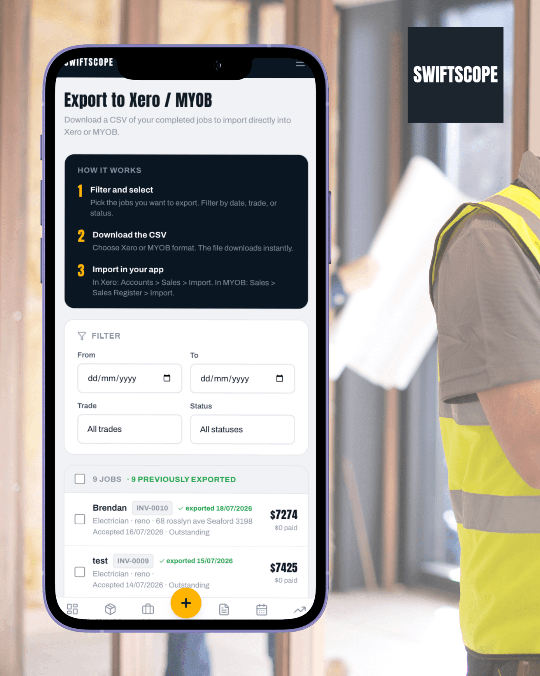 Swiftscope Export to Xero / MYOB screen showing job export filters and a list of exported invoices