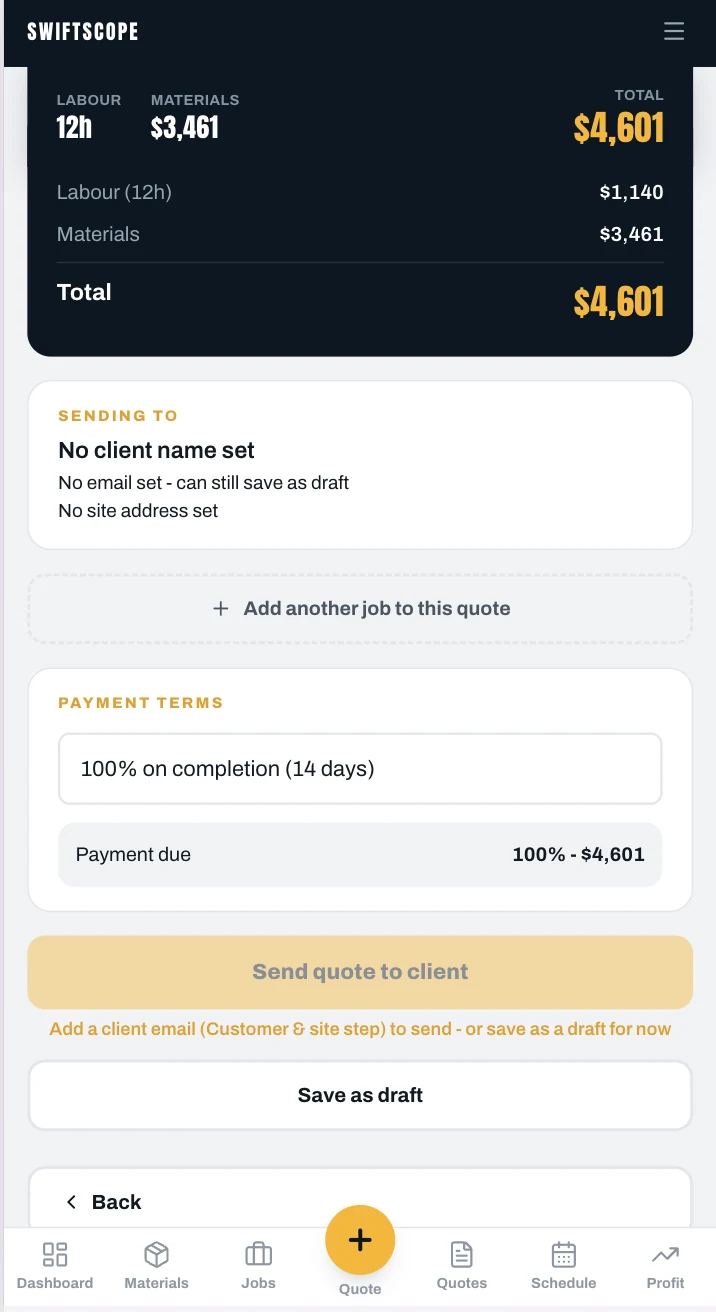 Carpentry quote summary showing 12 hours labour, $3,461 materials, a $4,601 total and payment terms of 100% on completion within 14 days
