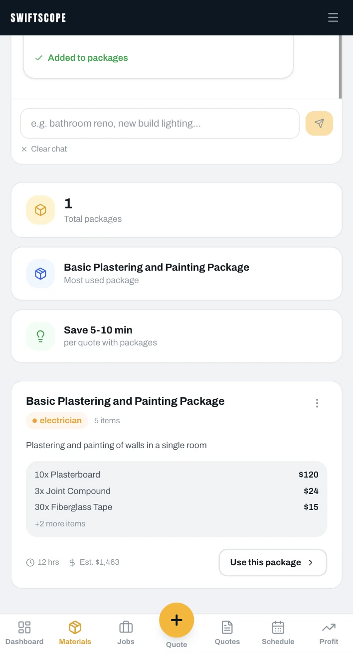Basic Plastering and Painting Package with five items including plasterboard, joint compound and fibreglass tape, 12 hours and an estimate of $1,463