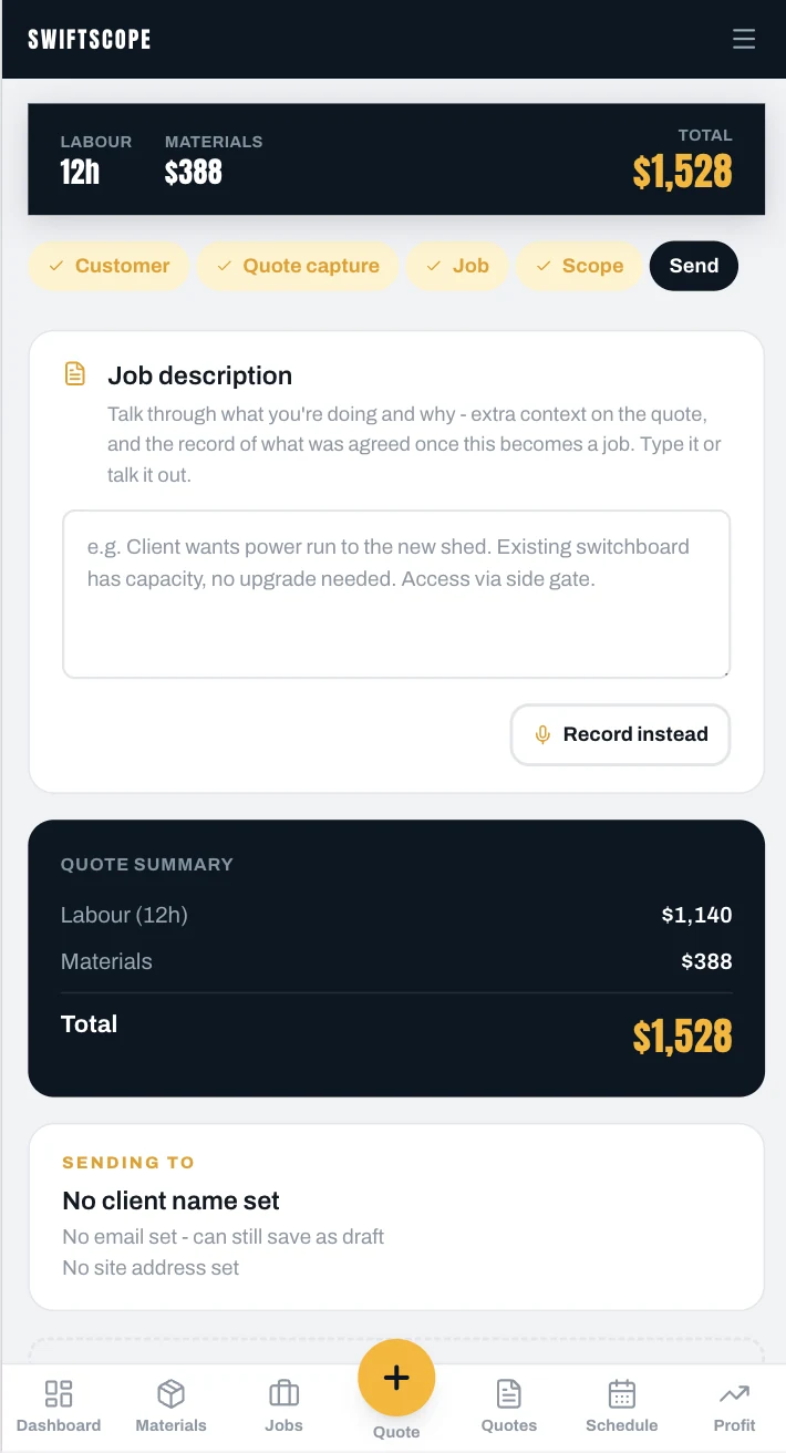 Quote summary showing 12 hours labour, $388 materials and a $1,528 total, with the send step active on a five-step Customer, Quote capture, Job, Scope, Send flow