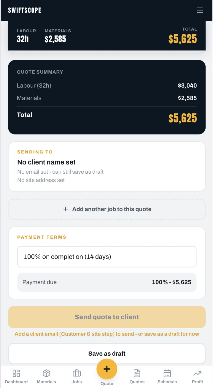 Plumbing quote summary showing 32 hours labour, $2,585 materials, a $5,625 total and payment terms of 100% on completion within 14 days