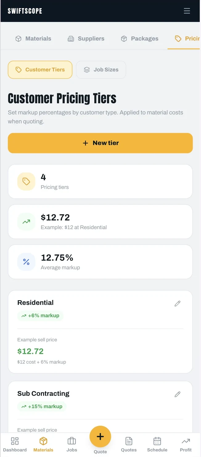 Customer pricing tiers screen showing four tiers including residential at six percent markup and sub contracting at fifteen percent