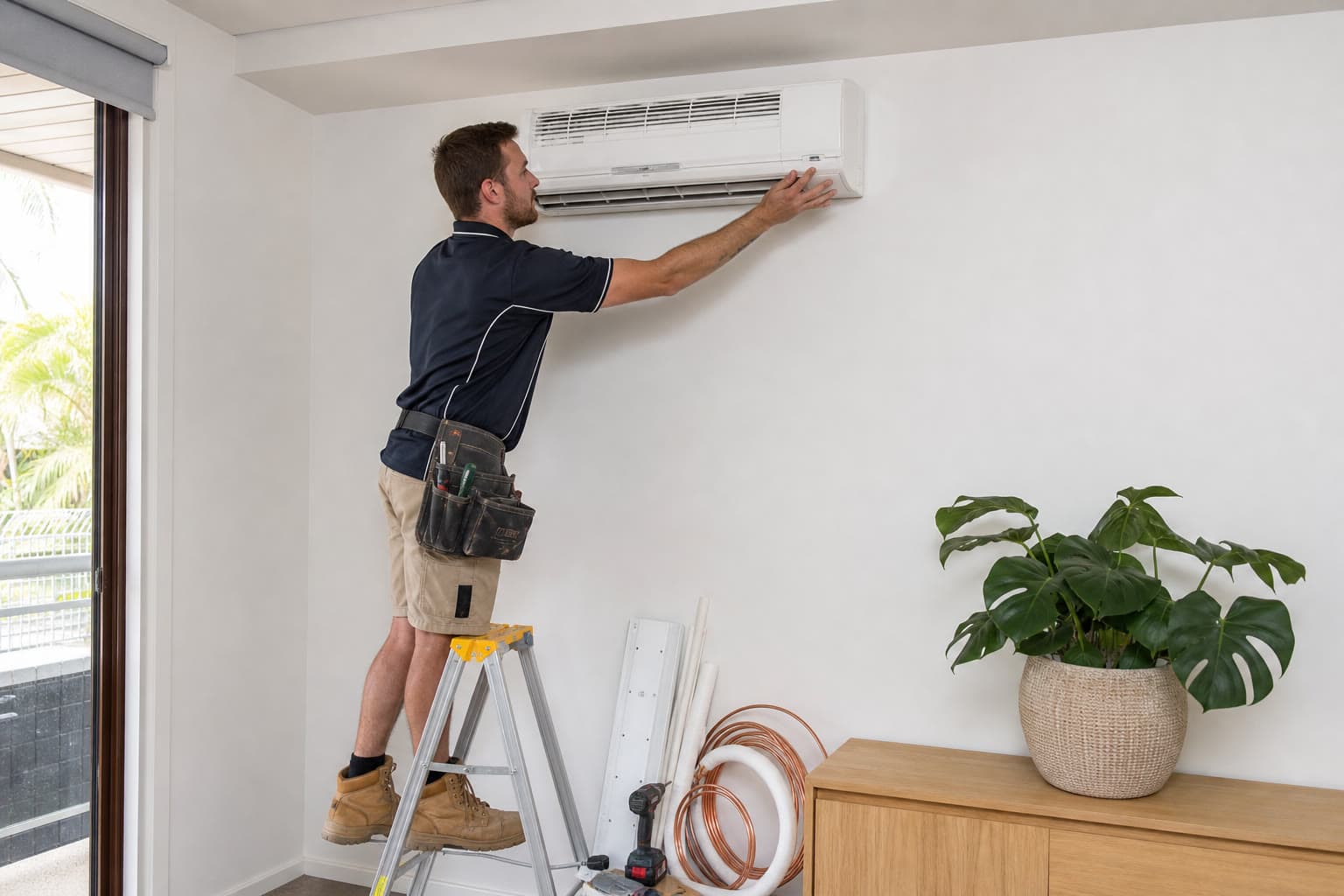Air conditioning tech installing a residential split system